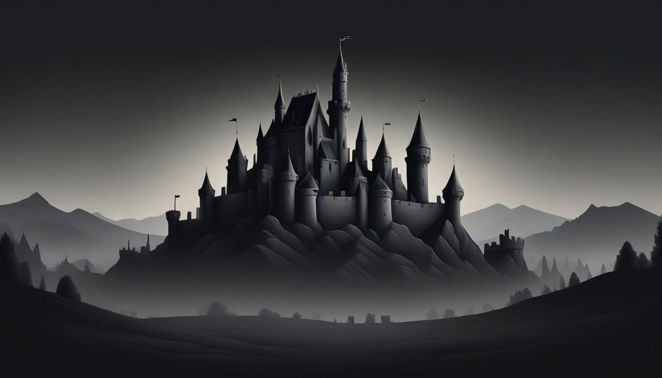 A large castle sits atop a hill in a dark, misty landscape A large castle sits atop a hill in a dark, misty landscape