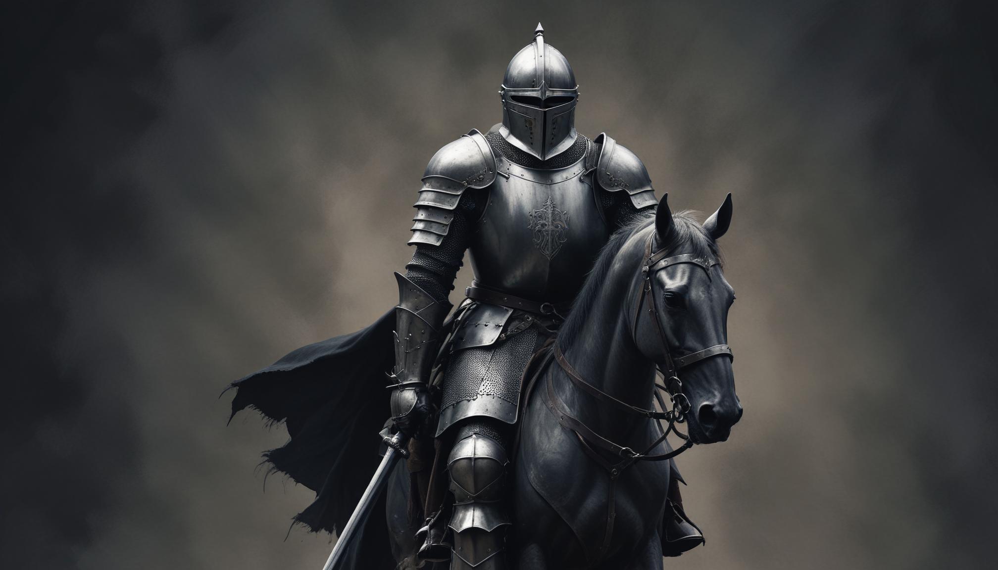A knight in full armor rides a black horse A knight in full armor rides a black horse