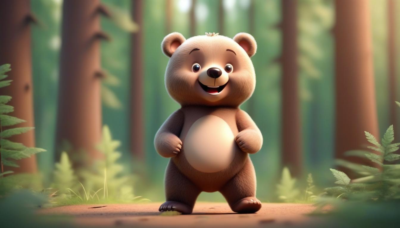 A happy brown bear stands in a forest A happy brown bear stands in a forest
