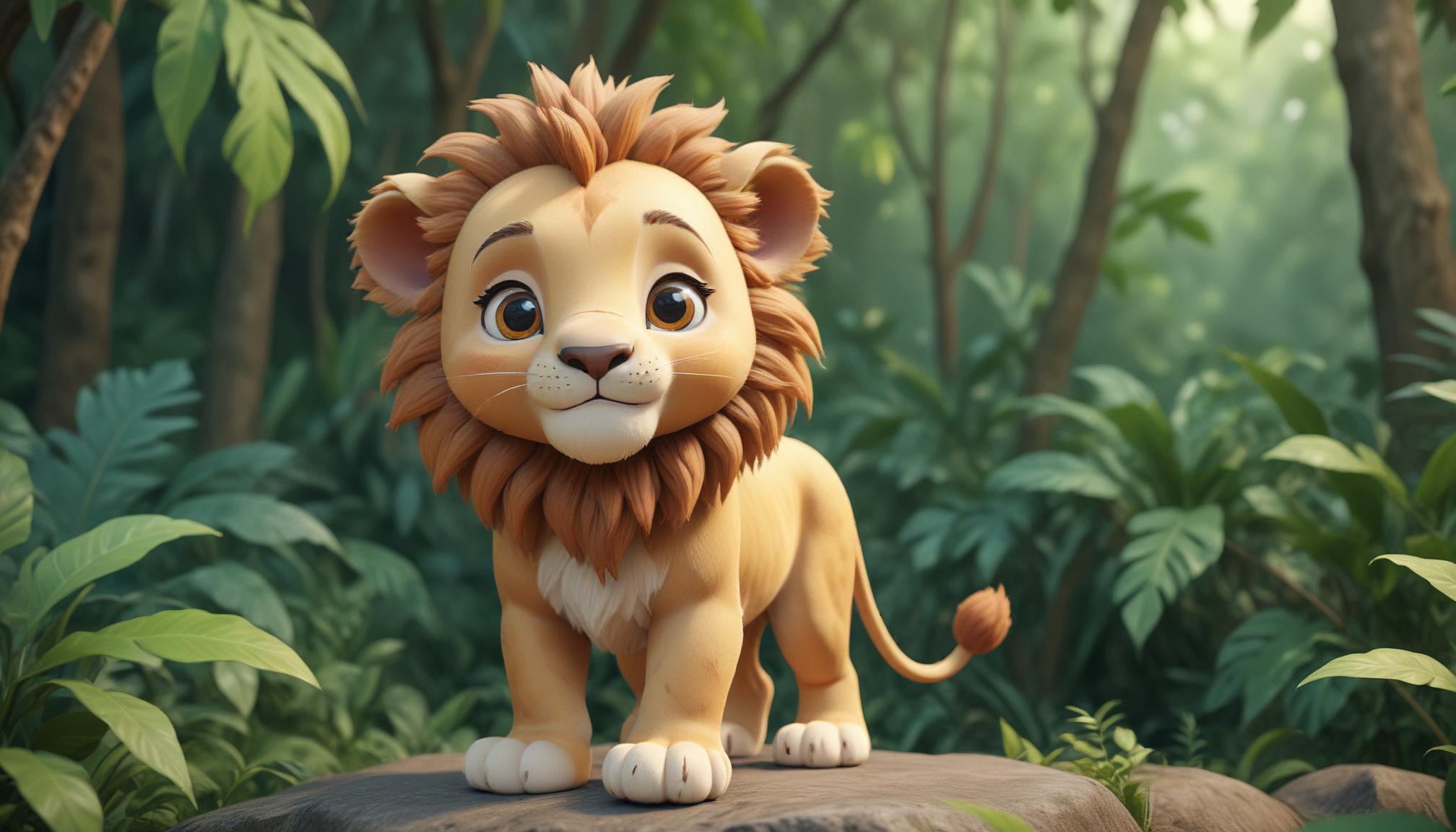 A cute lion cub stands in a lush jungle A cute lion cub stands in a lush jungle