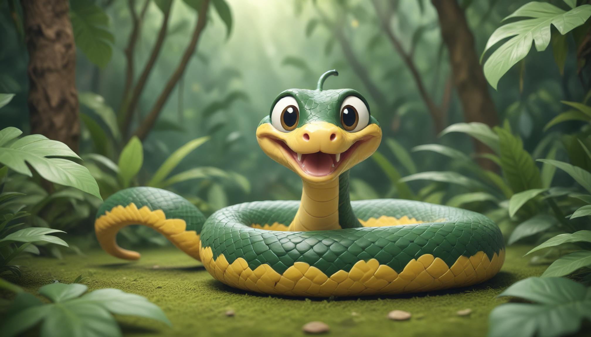 A cartoon snake smiles in a lush jungle A cartoon snake smiles in a lush jungle