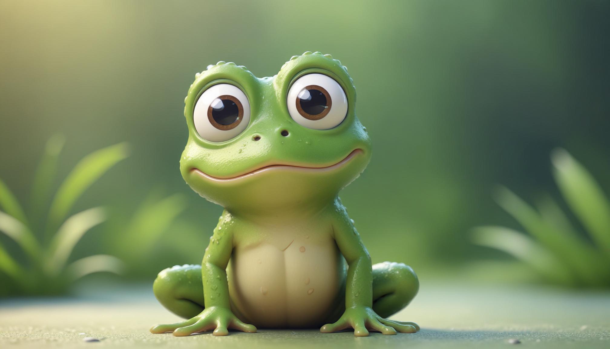 A green frog sits in the grass, looking up with big eyes A green frog sits in the grass, looking up with big eyes