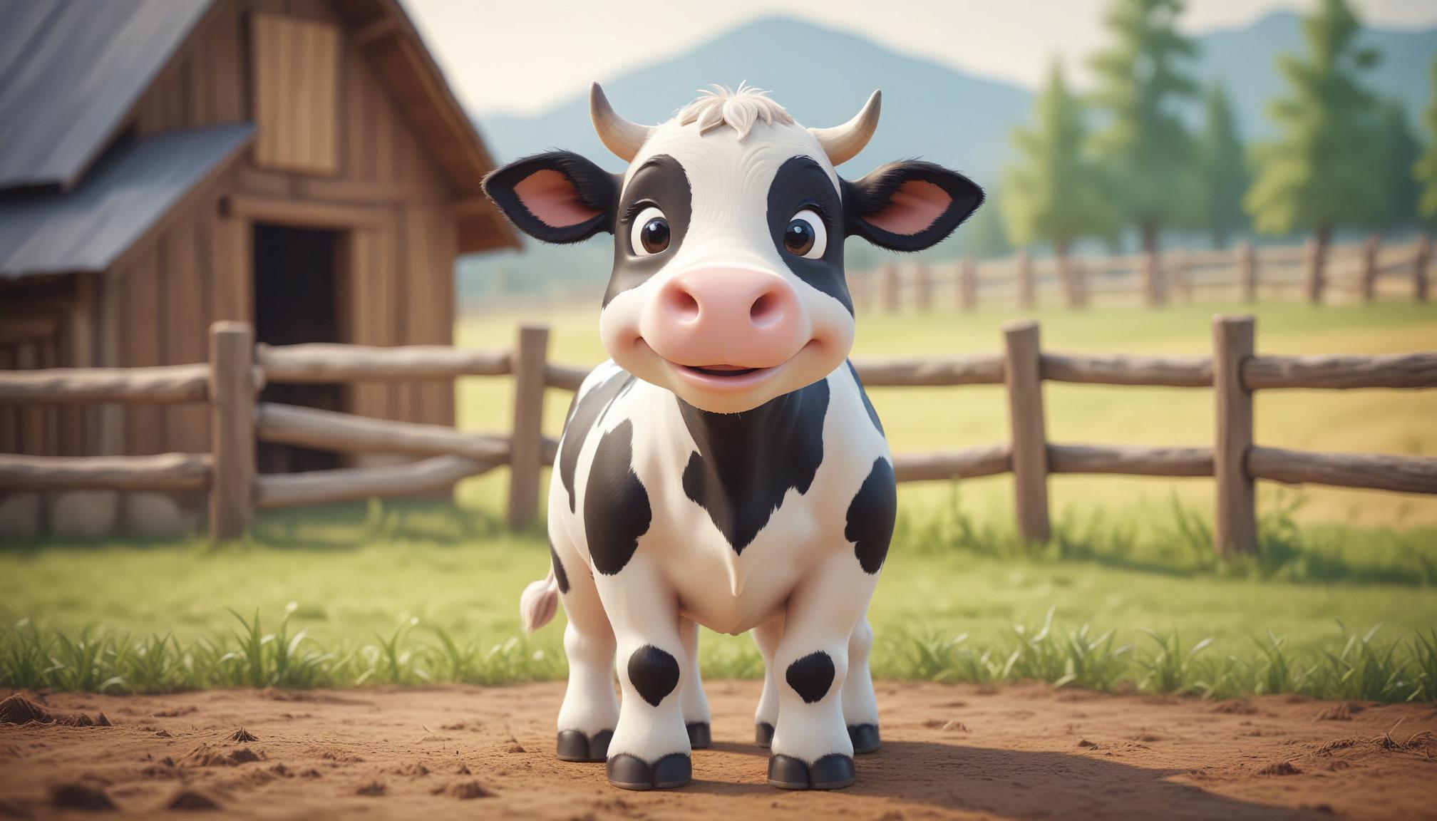 A cartoon cow smiles in a rural farm setting A cartoon cow smiles in a rural farm setting