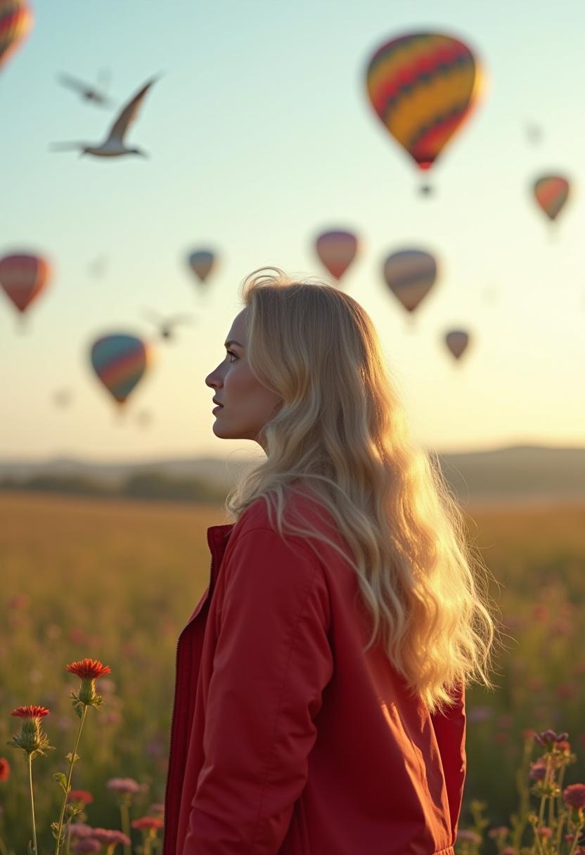 Woman in a red jacket watches balloons in the sky Woman in a red jacket watches balloons in the sky