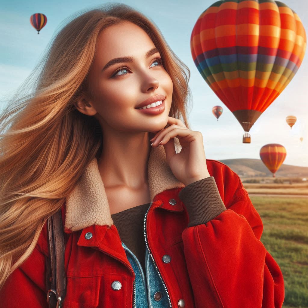 A woman in a red jacket admires hot air balloons A woman in a red jacket admires hot air balloons