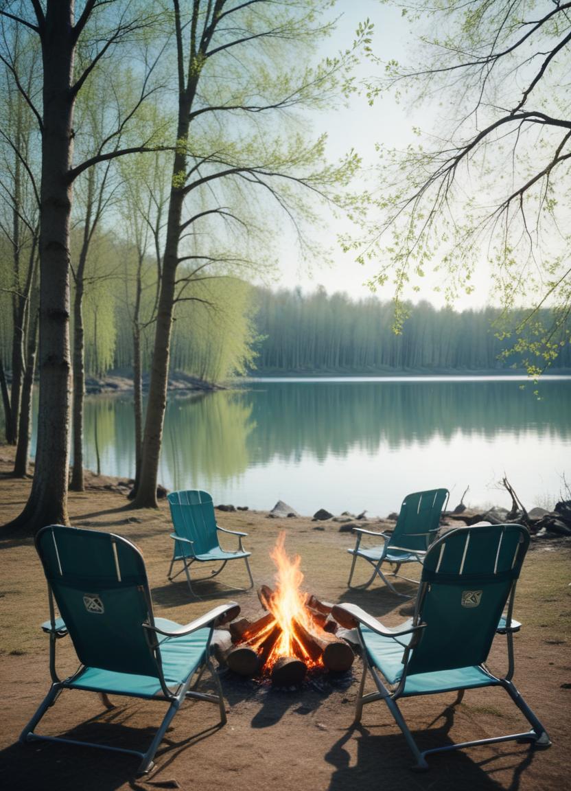 A campfire burns near a lake on a sunny day A campfire burns near a lake on a sunny day