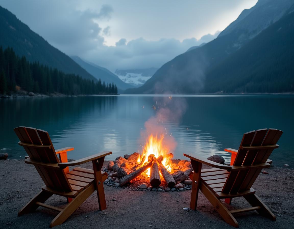 Two chairs sit by a campfire on a lake shore Two chairs sit by a campfire on a lake shore