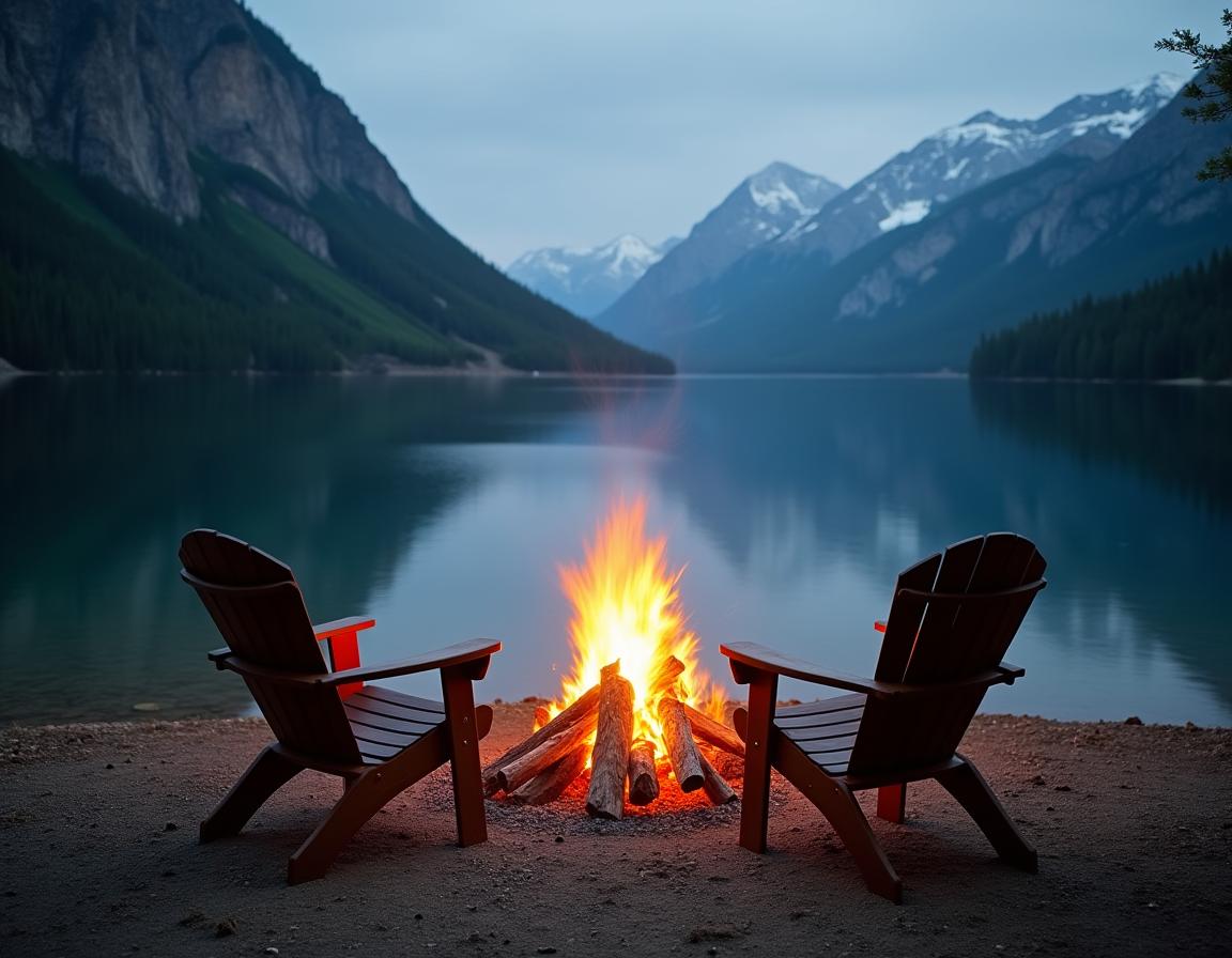 Two chairs face a campfire on a lake shore Two chairs face a campfire on a lake shore