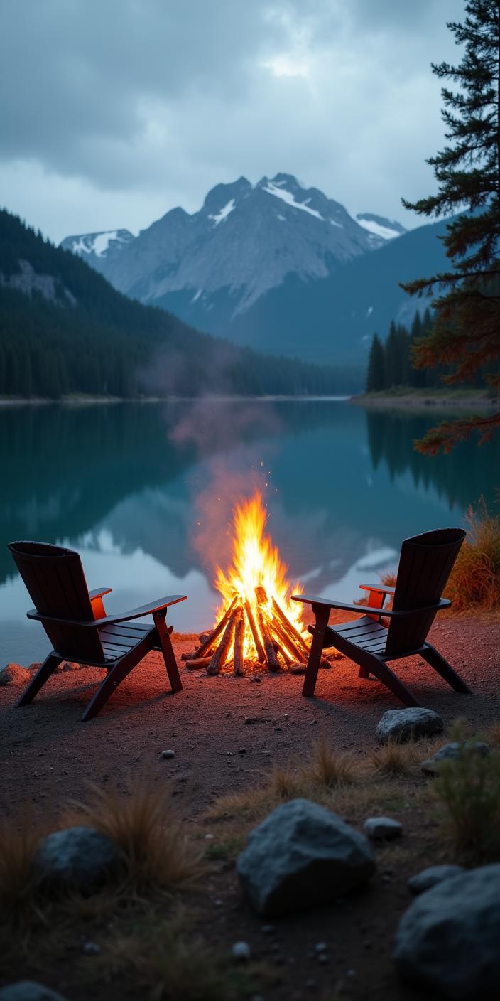Two chairs by a crackling fire at dusk by the lake Two chairs by a crackling fire at dusk by the lake
