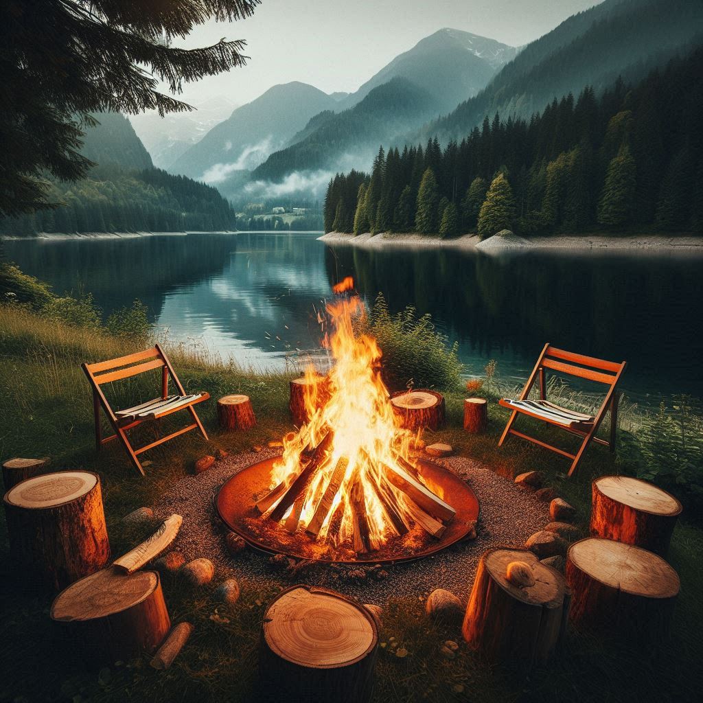 A campfire burns brightly by a lake in the mountains A campfire burns brightly by a lake in the mountains