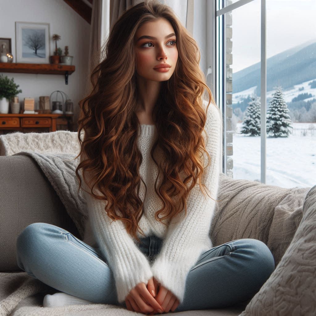 A woman with long, brown, curly hair sits on a white couch A woman with long, brown, curly hair sits on a white couch