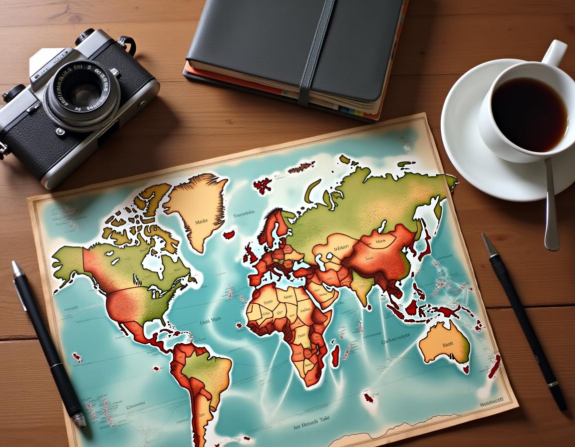 A flat, illustrated world map lies on a wooden table A flat, illustrated world map lies on a wooden table