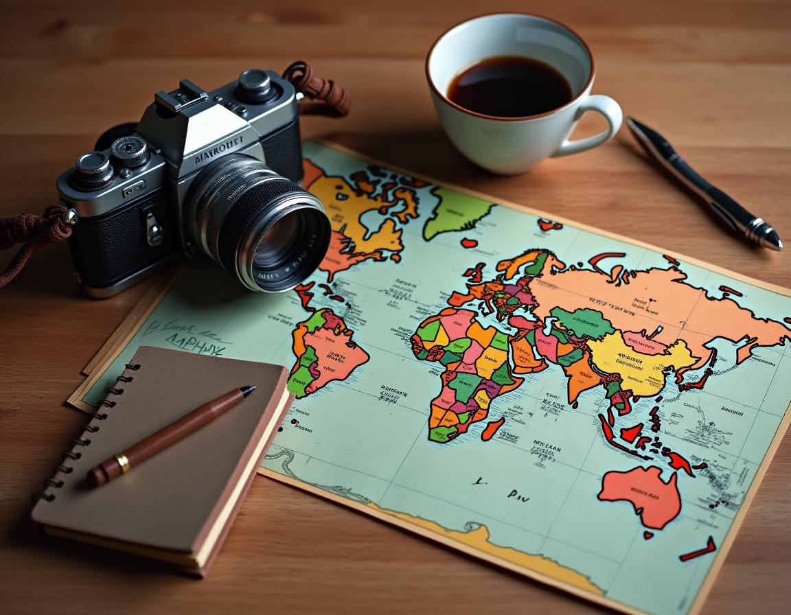 Free Image: A camera, pen, and coffee cup rest on a map of the world