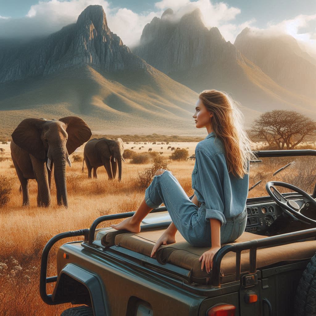 Woman on safari watching elephants in savanna Woman on safari watching elephants in savanna