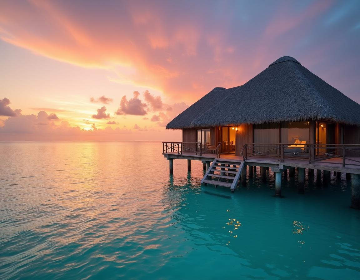 Bungalow on stilts over turquoise water at sunset Bungalow on stilts over turquoise water at sunset