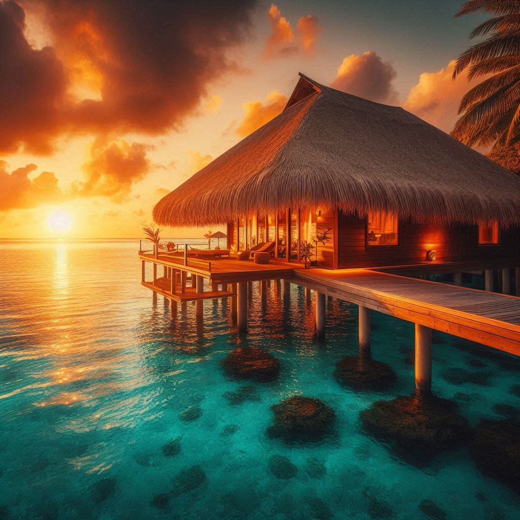 Thatched bungalow on stilts over sunset waters Thatched bungalow on stilts over sunset waters