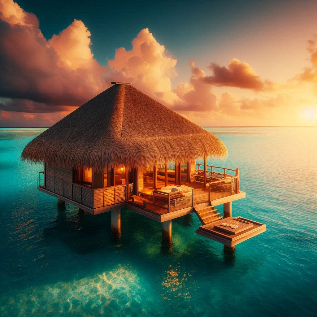 A stilted thatched bungalow over turquoise water at sunset A stilted thatched bungalow over turquoise water at sunset