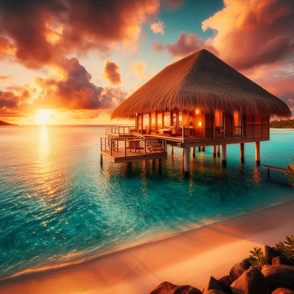 Wooden bungalow at sunset on a tropical island Wooden bungalow at sunset on a tropical island