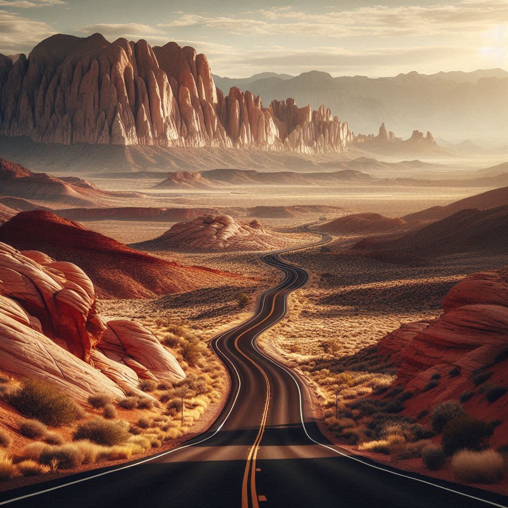 A winding road leads through a desert landscape at sunset A winding road leads through a desert landscape at sunset