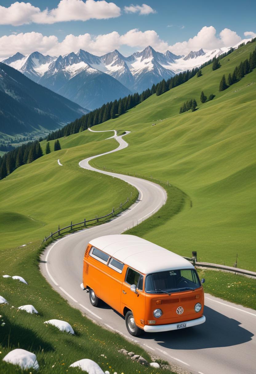 A classic van drives on a winding road through the alps A classic van drives on a winding road through the alps
