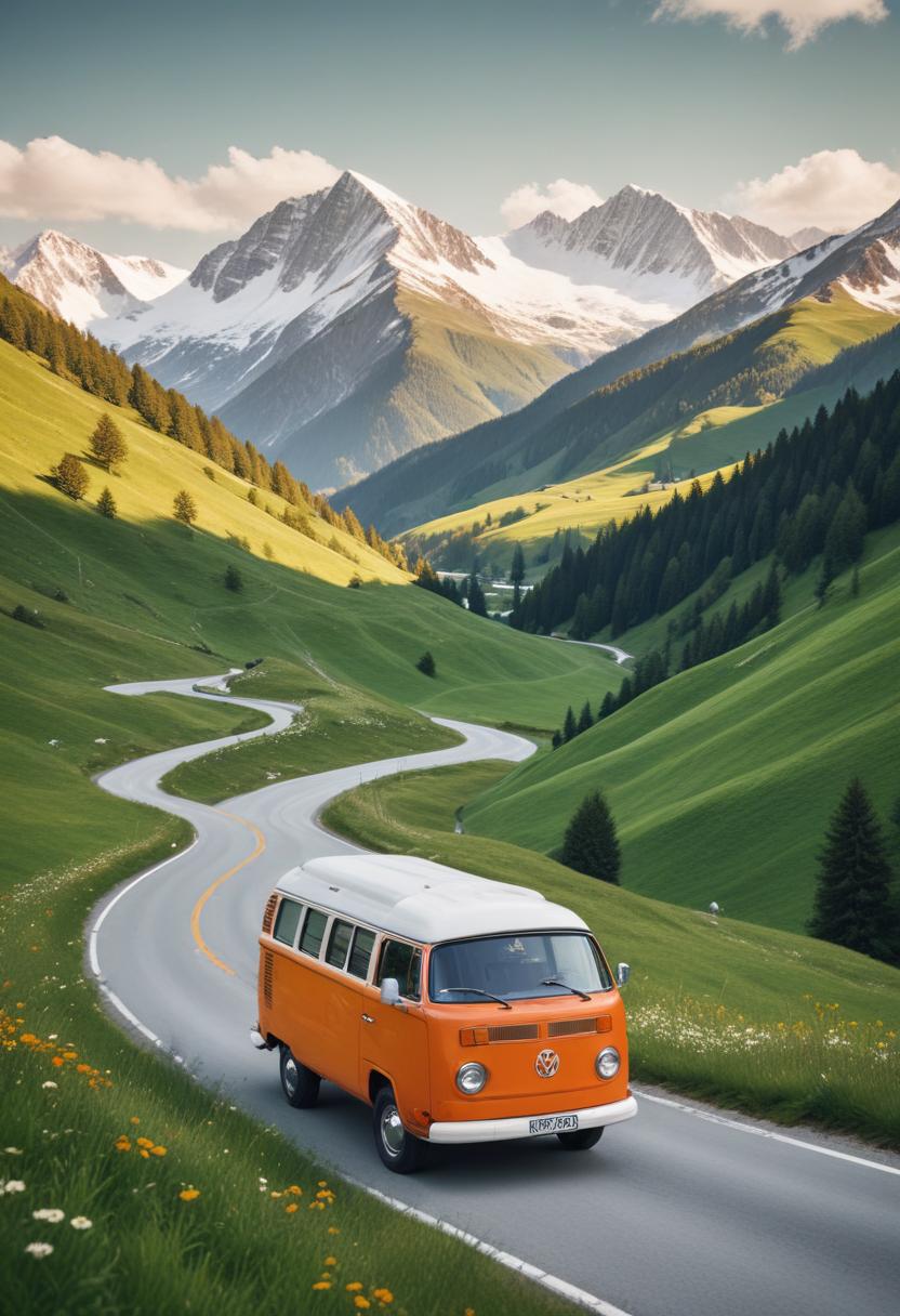 A van drives down a winding road in the alps A van drives down a winding road in the alps