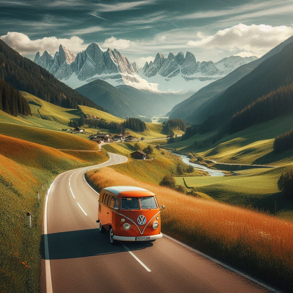 A red van drives through the italian alps A red van drives through the italian alps