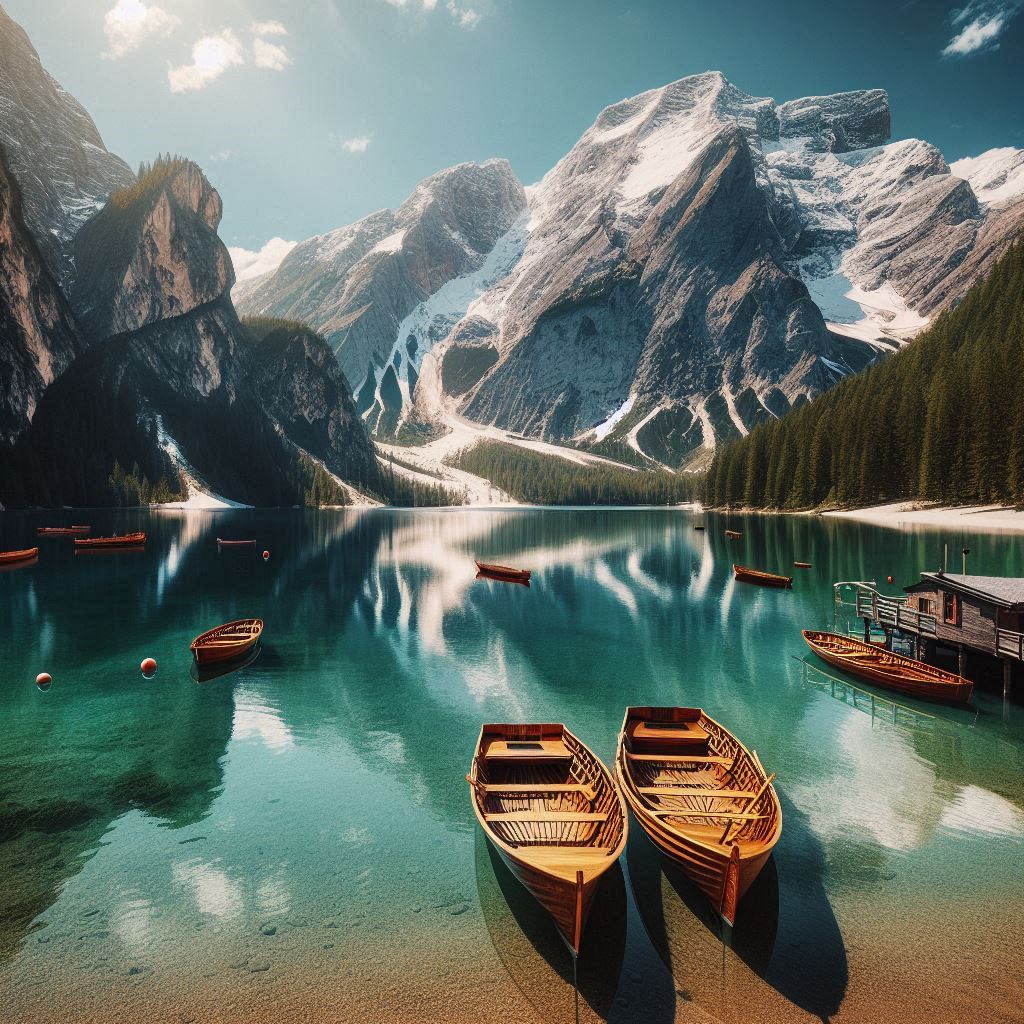 Two boats at a calm lake by snowy mountains Two boats at a calm lake by snowy mountains