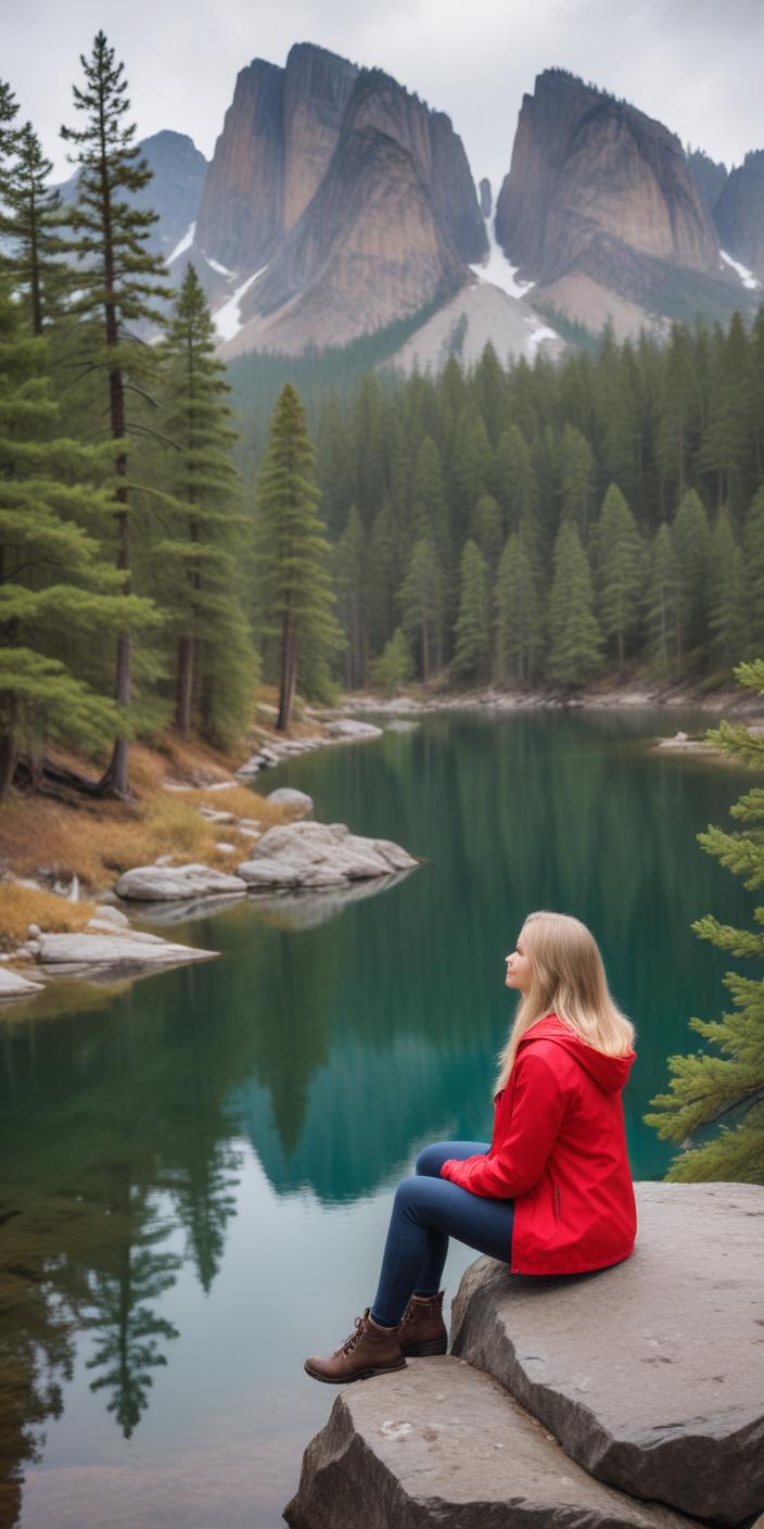 A woman relaxes on a rock by a tranquil lake A woman relaxes on a rock by a tranquil lake