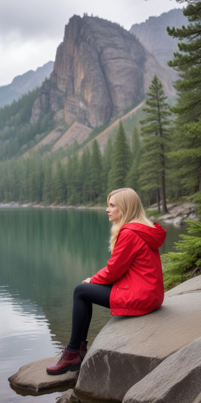 A woman sits by a lake, admiring the view of mountains A woman sits by a lake, admiring the view of mountains