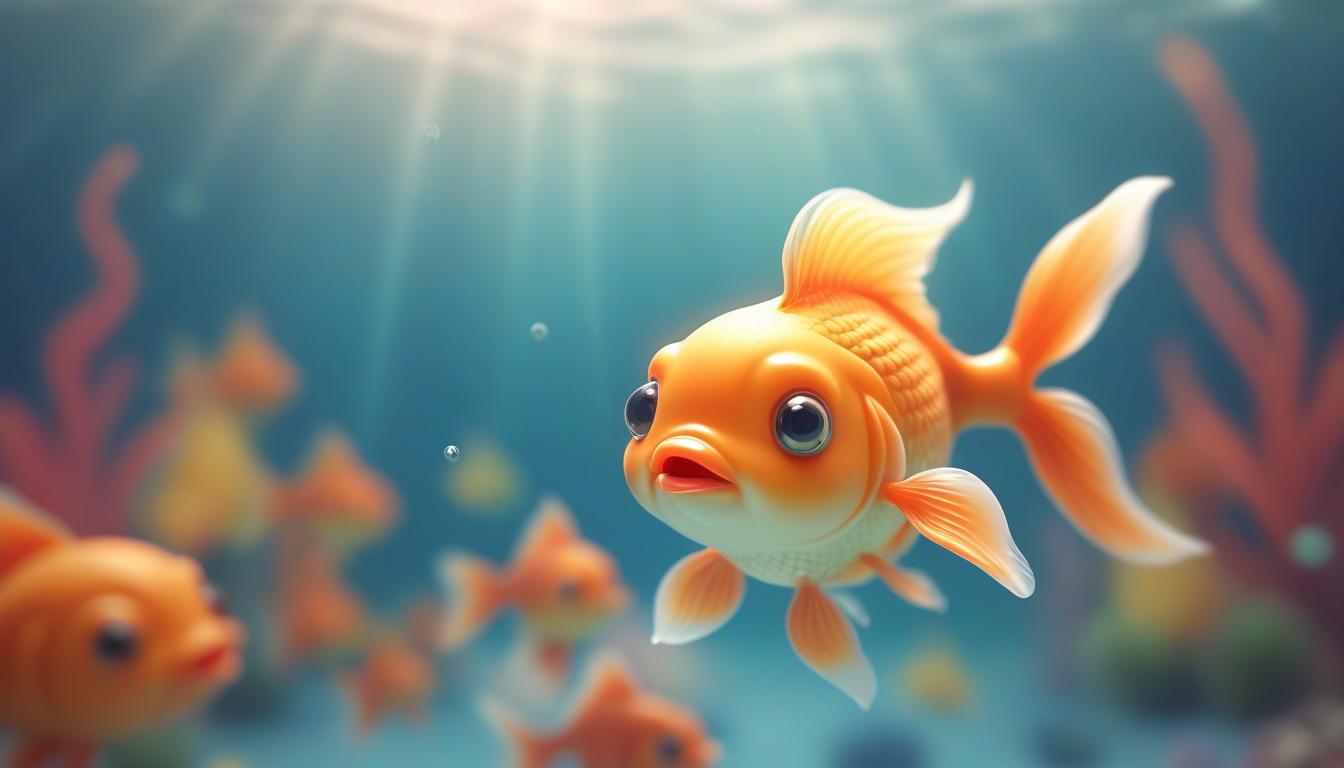 A goldfish swims through the water, surrounded by other fish A goldfish swims through the water, surrounded by other fish