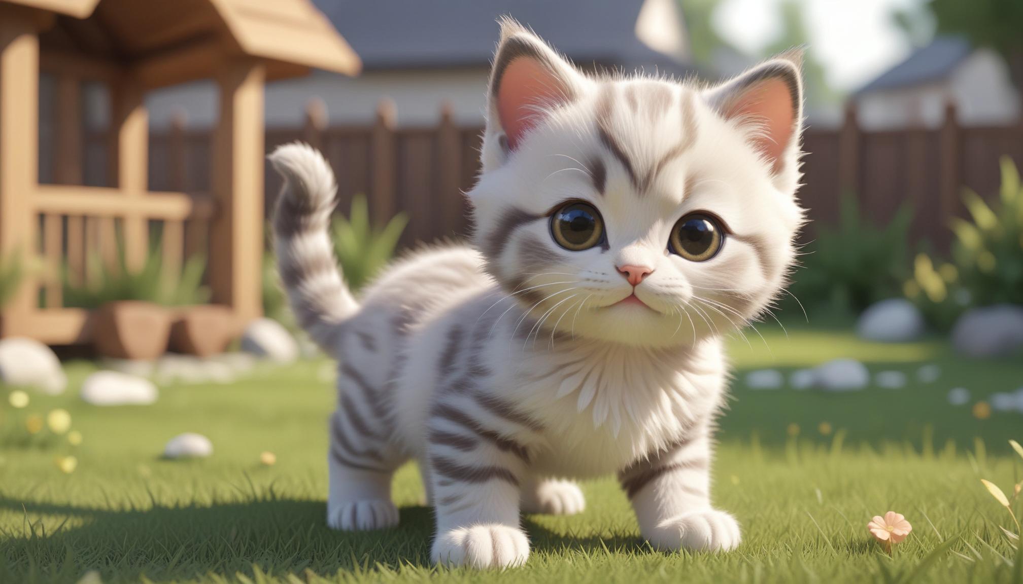 White kitten with gray stripes explores a sunny yard White kitten with gray stripes explores a sunny yard