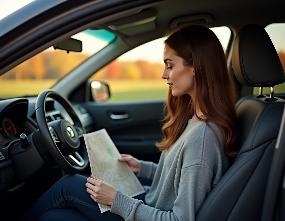 A woman in a car looks at a map A woman in a car looks at a map