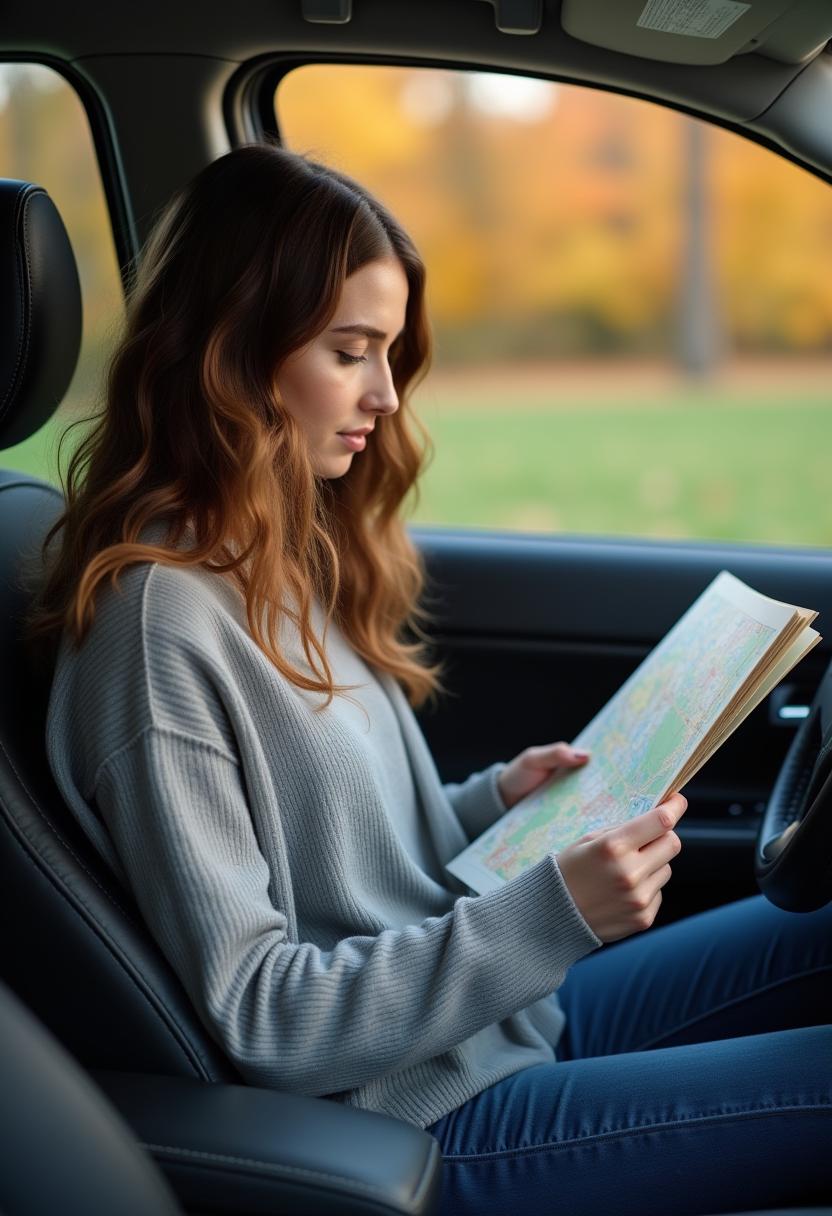 A woman looks at a map while sitting in a car A woman looks at a map while sitting in a car