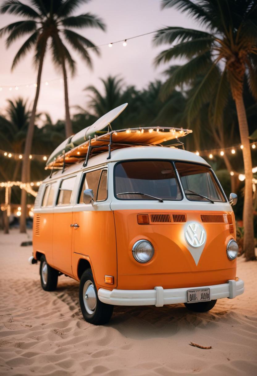 A classic van parked on the beach at dusk A classic van parked on the beach at dusk