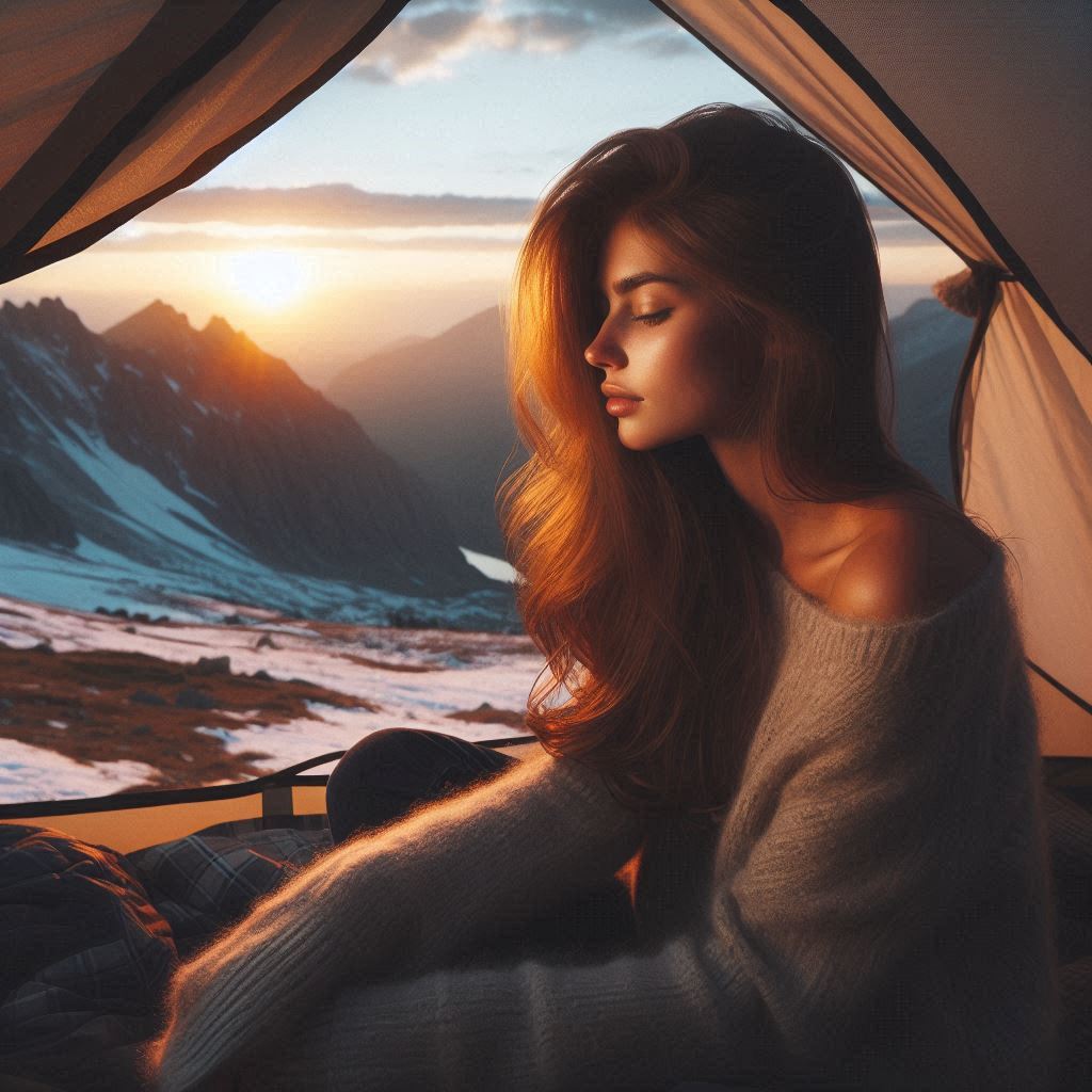 A woman relaxes inside a tent with a mountain view at sunset A woman relaxes inside a tent with a mountain view at sunset
