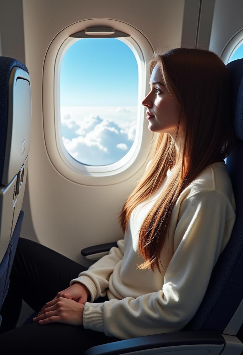A woman gazes at clouds from an airplane window A woman gazes at clouds from an airplane window