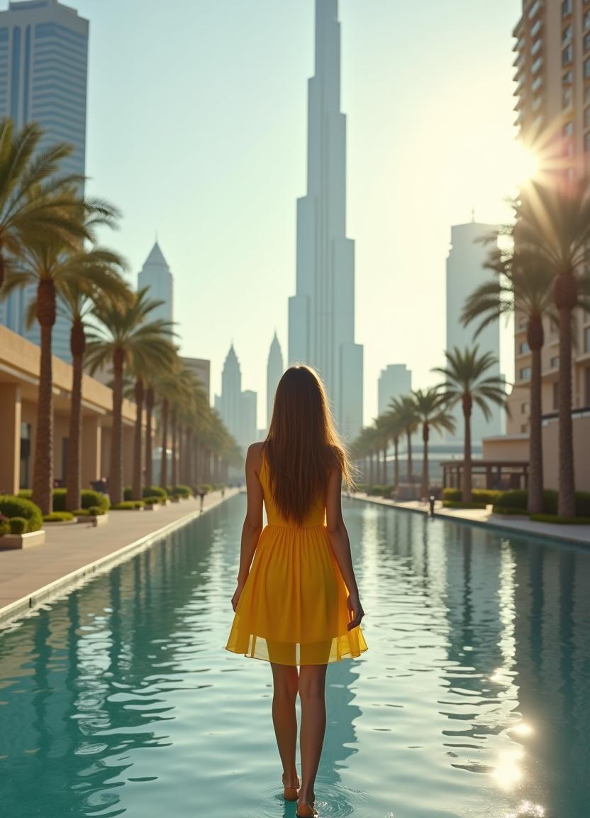 A woman walks on water in dubai A woman walks on water in dubai