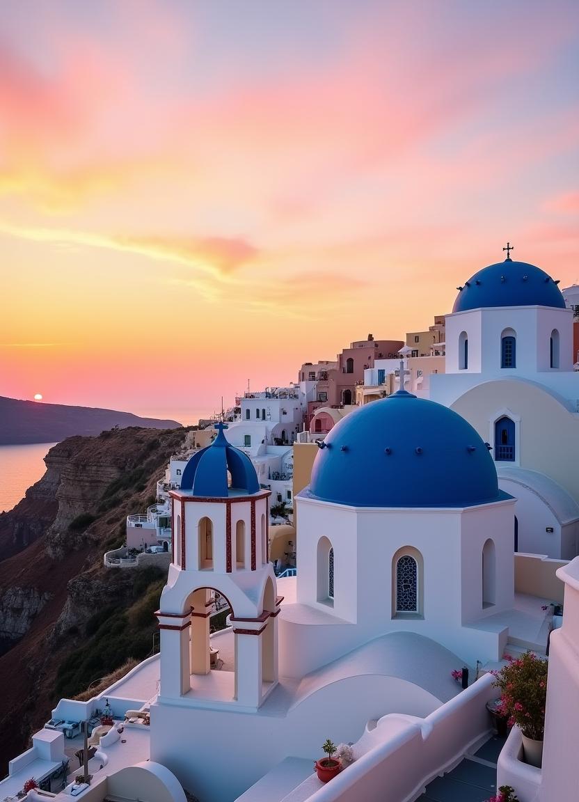 White churches with blue domes at sunset in santorini White churches with blue domes at sunset in santorini
