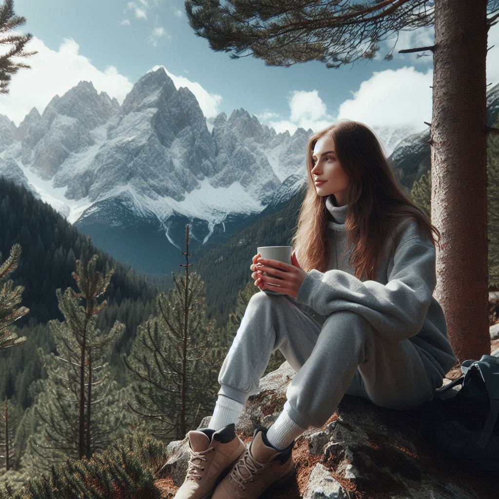 A woman sips a warm drink, admiring snowy peaks A woman sips a warm drink, admiring snowy peaks