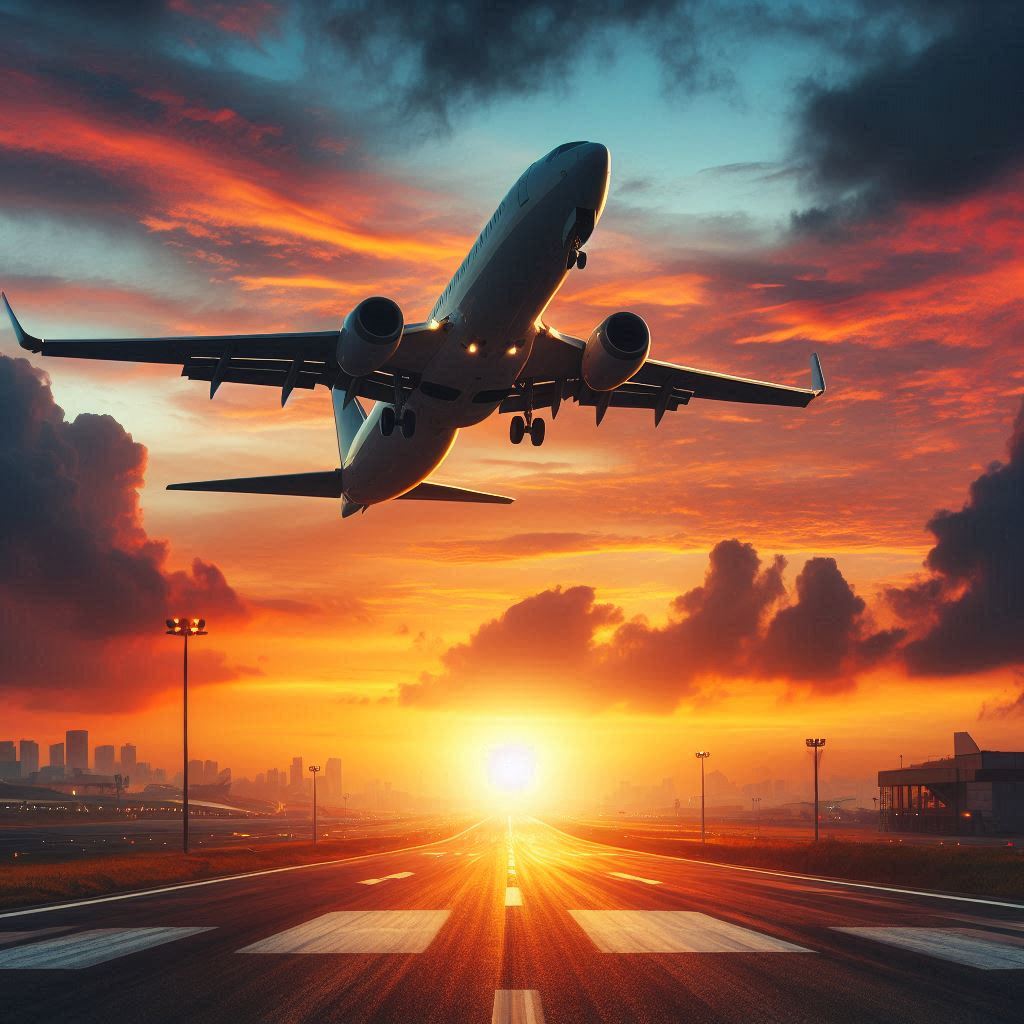 An airplane takes off at sunset An airplane takes off at sunset