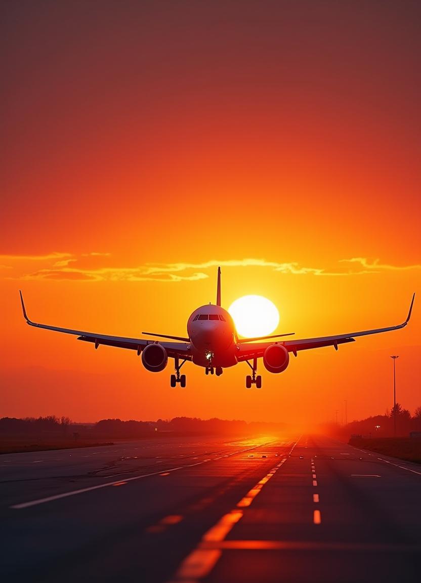 An airplane lands during a beautiful sunset An airplane lands during a beautiful sunset