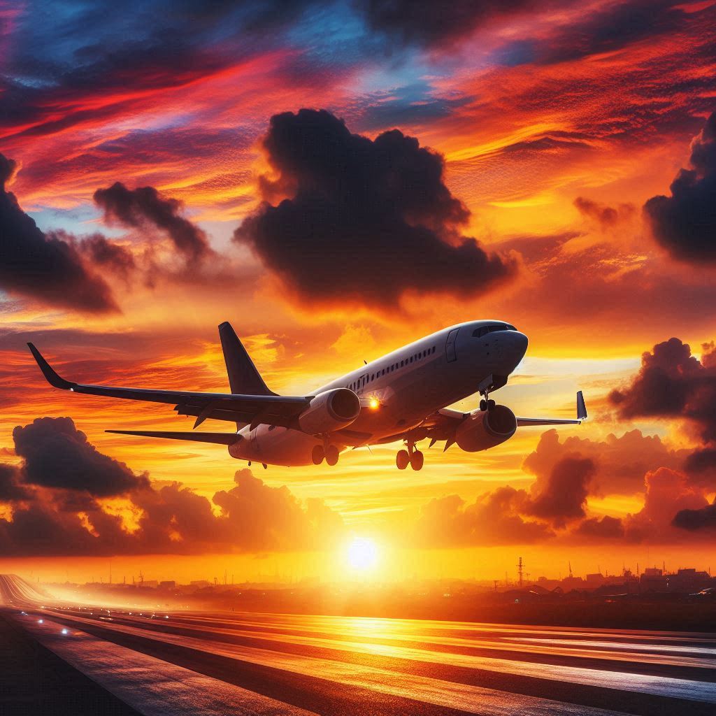 An airplane takes off into a dramatic sunset An airplane takes off into a dramatic sunset