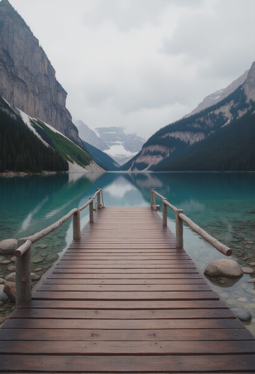 A wooden dock extends into a lake, surrounded by mountains A wooden dock extends into a lake, surrounded by mountains