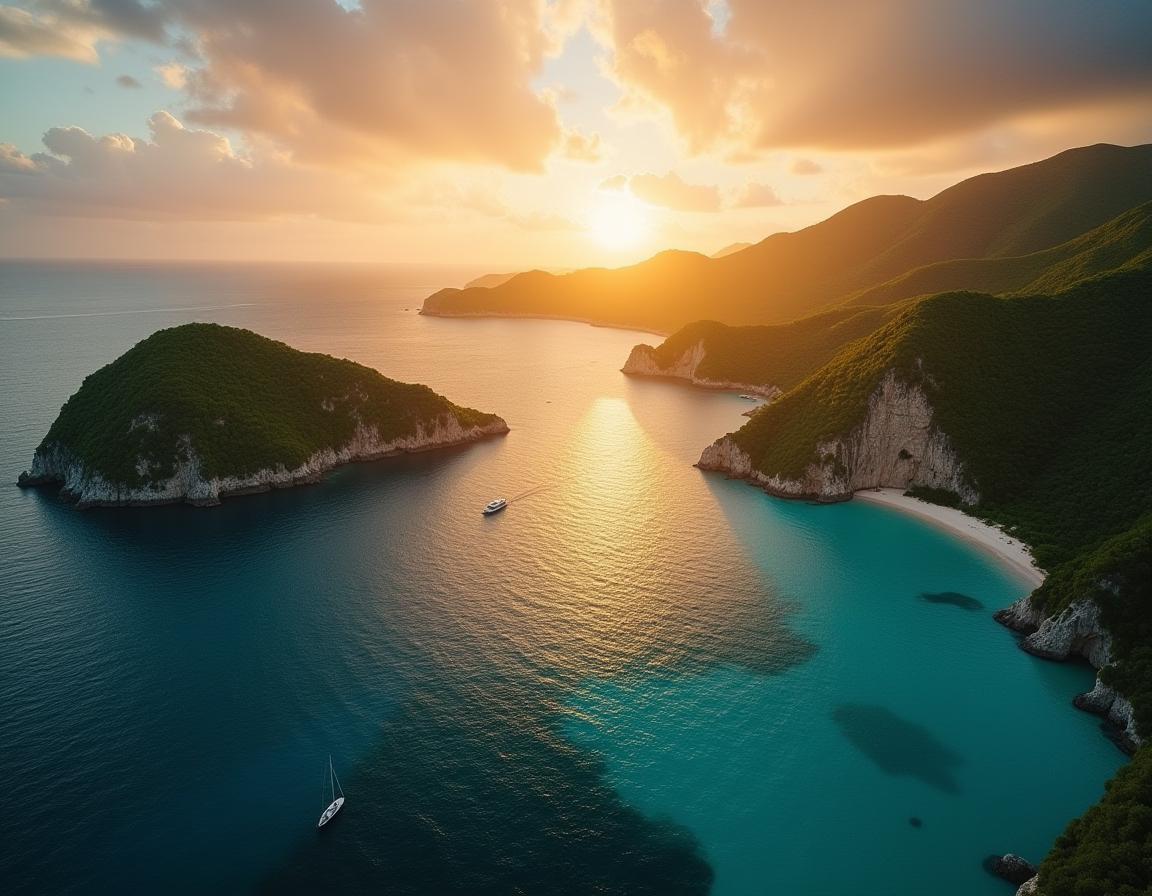 A golden sunset over a secluded bay in greece A golden sunset over a secluded bay in greece