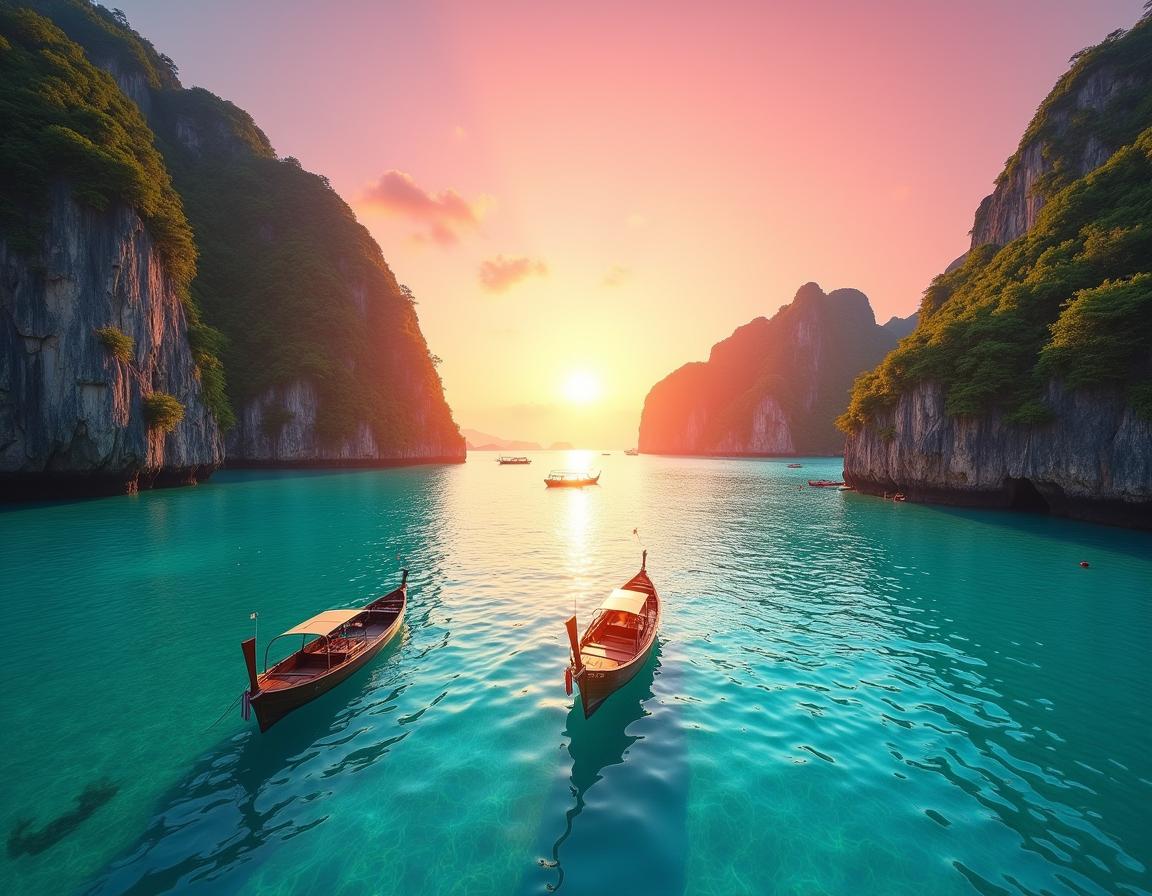 Two longtail boats are anchored in a calm bay at sunset Two longtail boats are anchored in a calm bay at sunset