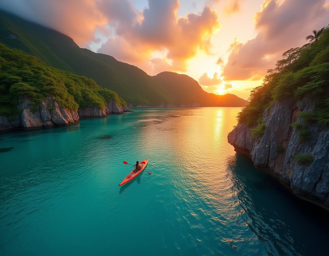 A lone kayaker paddles through a scenic bay at sunset A lone kayaker paddles through a scenic bay at sunset