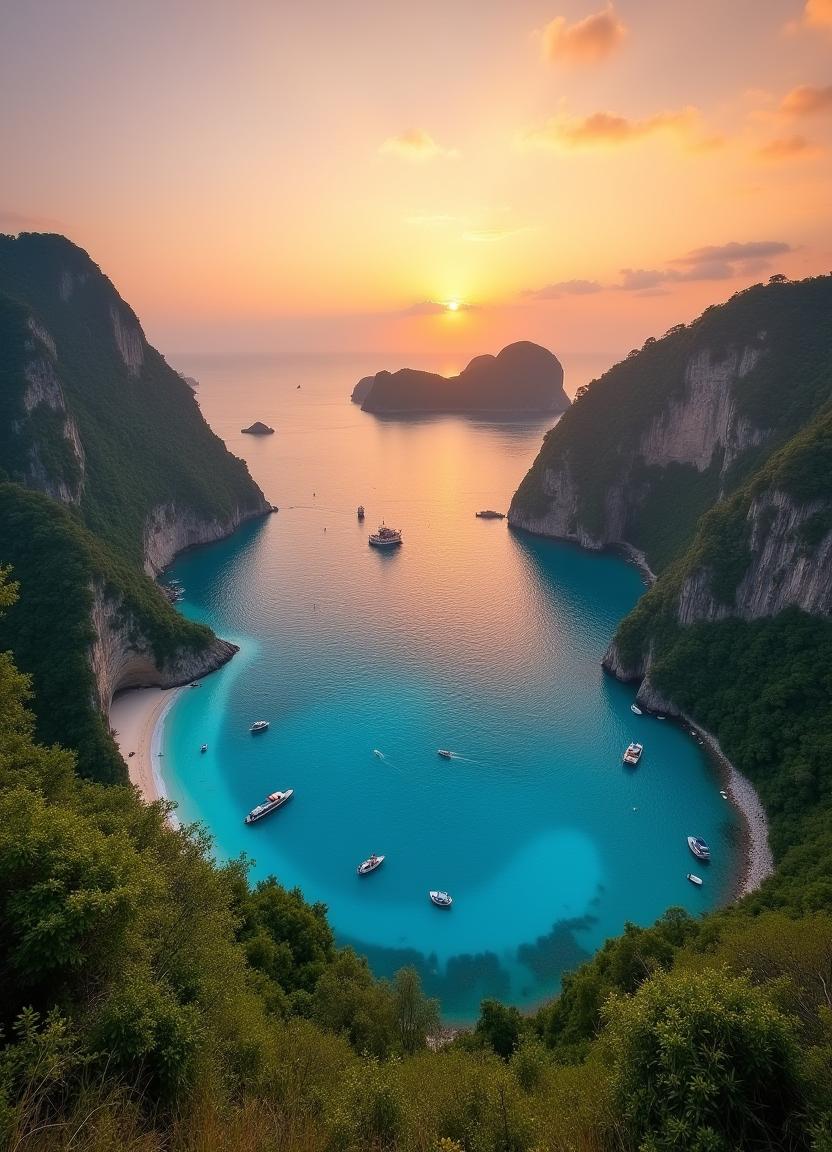 A beautiful bay with boats at sunset A beautiful bay with boats at sunset