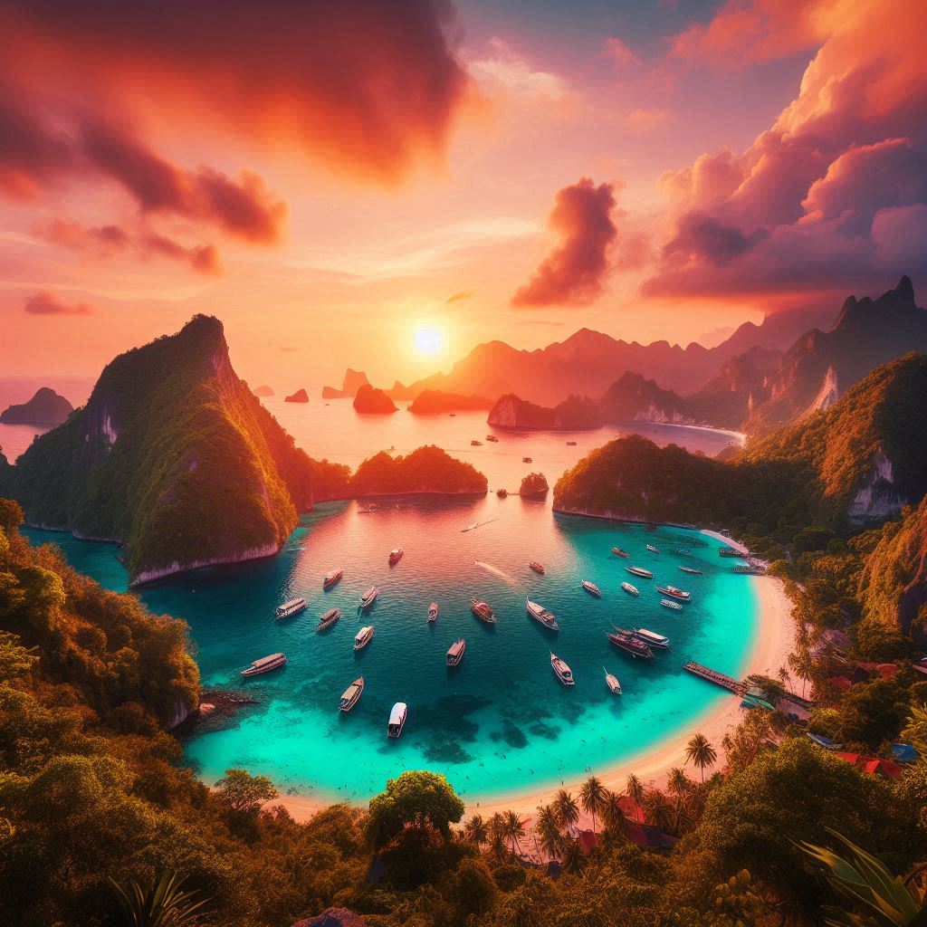 Boats are anchored in a tropical bay at sunset Boats are anchored in a tropical bay at sunset