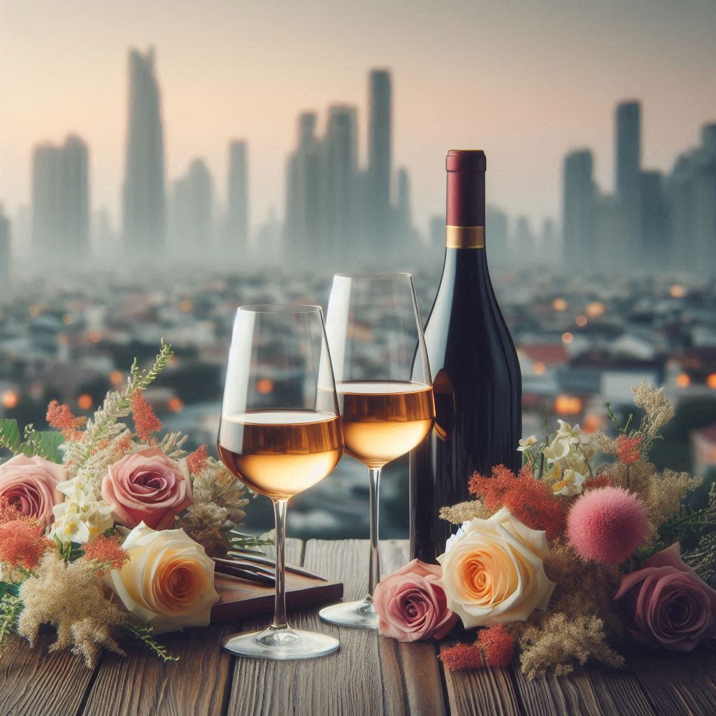 Two wine glasses, a bottle, flowers, city view Two wine glasses, a bottle, flowers, city view