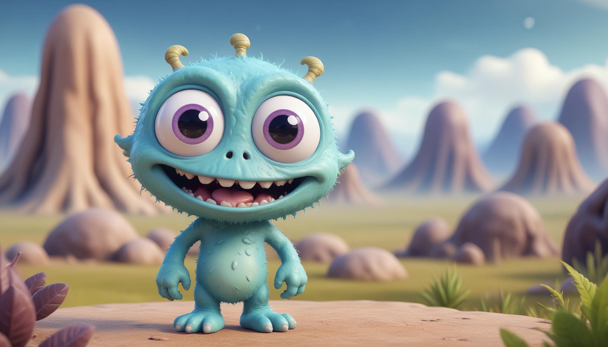 A blue monster smiles for the camera in a strange landscape A blue monster smiles for the camera in a strange landscape
